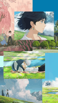 a collage of images from howl 's moving castle with a blue background