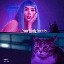 a picture of a woman and a cat with the words you look lonely