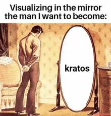 a cartoon of a man looking at himself in a mirror