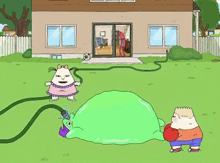 a cartoon drawing of a frog being squirted with water by a hose
