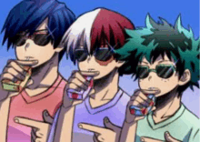 three anime characters wearing sunglasses are standing next to each other and pointing at each other .