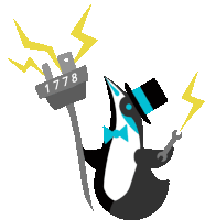 an illustration of a penguin holding a wrench next to a sign that says 1776