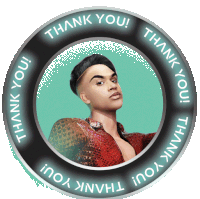 a thank you sticker with a picture of a man in the center