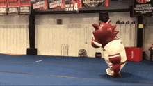 a mascot in a gym with a banner that says national champions