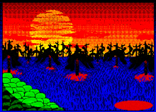 a colorful pixel art of a sunset with trees in the background