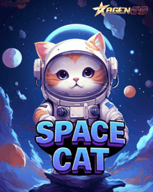 a cat in a space suit with the words space cat written below it