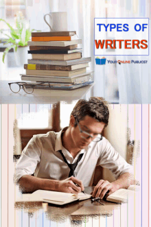 a man sits at a desk with a stack of books behind him and types of writers your online publicist