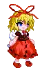 a pixel art of a little girl in a red dress with a bow on her head .