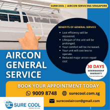 an advertisement for aircon general service shows a person pointing at an air conditioner