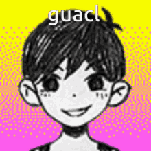 a black and white drawing of a boy with a smile on his face and the word guacl on the bottom .