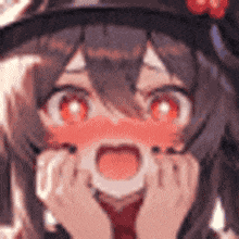 a close up of a anime girl with red eyes and a hat covering her face with her hands .