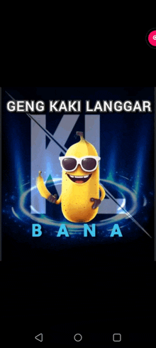 a picture of a banana wearing sunglasses and holding a banana with the words gang kaki langgar bana on the bottom