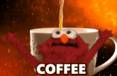 elmo from sesame street is pouring coffee into a white cup