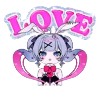 a girl with bunny ears is standing in front of the word love