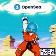 a cartoon character with an opensea logo on the background