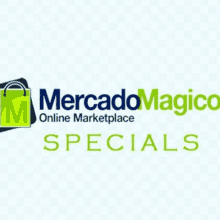 a logo for mercado magico online marketplace specials on a checkered background .