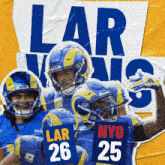 a group of rams football players holding signs that say nyc 26 and lar 26