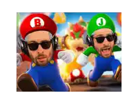 two men dressed up as mario and luigi wearing sunglasses and headphones
