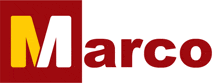 a red and yellow logo for marco with a white border