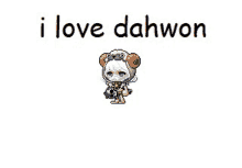 a pixel art of a girl in a sheep costume with the words `` i love dahwon '' written above her .