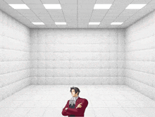 a man in a red suit is standing in an empty white room