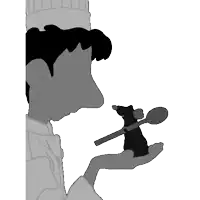 a black and white drawing of a chef holding a mouse and spoon