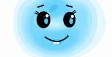 a blue cartoon face with black eyes and white teeth