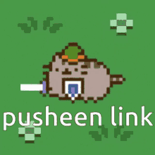 a pixel art of a cat holding a sword with the words pusheen link below it