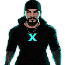 a man with a beard wears a black shirt with a blue x on the front