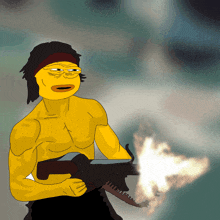 a cartoon of a man holding a gun with a yellow face