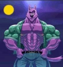 a cartoon of a purple werewolf with huge muscles and a green jacket .