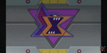 a purple and orange triangle with the letter x in the center