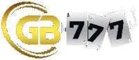 a gold and silver logo for gb777 with playing cards on a white background