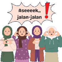 a group of women are standing in front of a sign that says aseeeek jalan jalan