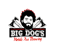 a logo for big dog 's mobile axe throwing with a man holding two axes