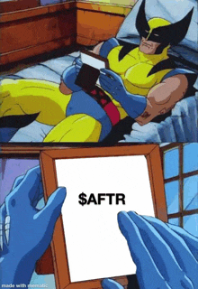 a cartoon of wolverine laying on a bed reading a book and holding a framed picture that says $aftr