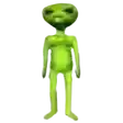 a green alien is standing on a white background and looking at the camera .