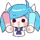 a cartoon girl with blue hair and cat ears is holding two exclamation points in her hands .