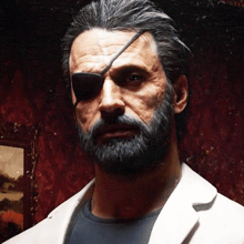 a man with a beard and an eye patch is wearing a white jacket and a black shirt .