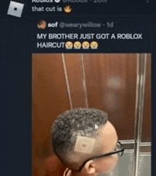 a man with glasses and a bandage on his head has a roblox haircut .