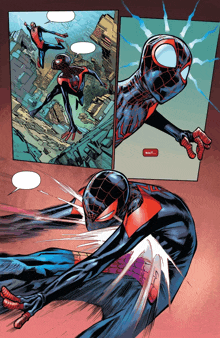 a page from a comic book shows spider-man flying through the air and says wait