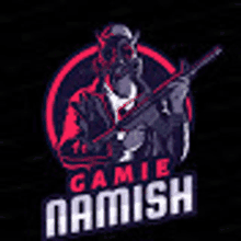 a man in a gas mask is holding a gun in a logo for a gaming team .