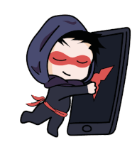 a cartoon of a ninja holding a phone with a red arrow on it