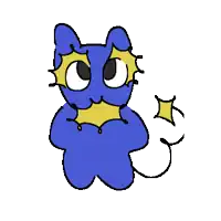 a cartoon drawing of a blue cat with a yellow eye and a tail