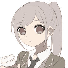 a drawing of a girl in a suit and tie holding a cup of coffee