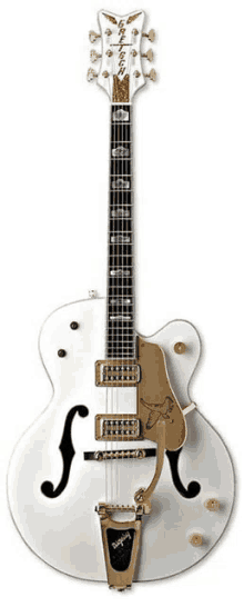 a white and gold electric guitar with the word gretsch on the neck