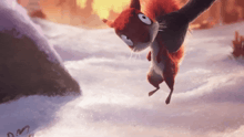a cartoon squirrel is being held up in the air