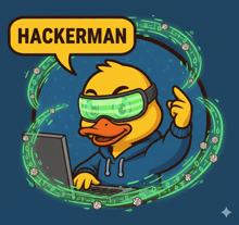 an illustration of a duck with a laptop and a speech bubble saying hackerman