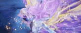 a woman with purple hair is flying through the air