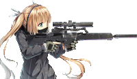 a girl with long hair is holding a gun with a scope on it